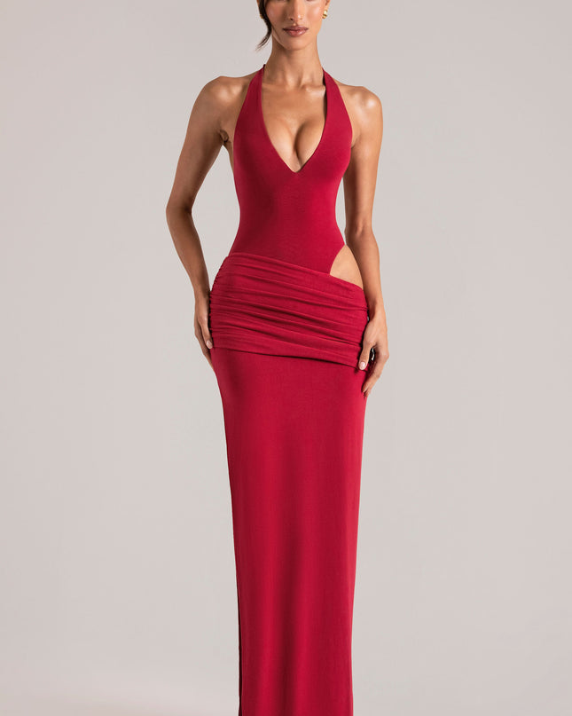 Cherry Red Deep Plunge Halterneck Maxi Dress