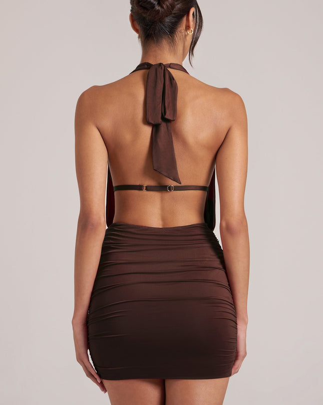 Chocolate Brown Draped Cowl Mini Dress