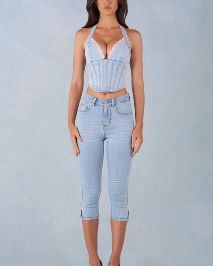 Light Denim Mid-Rise Denim Capri Jeans