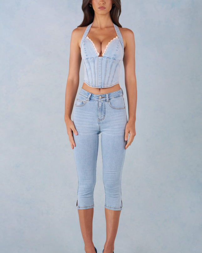 Light Denim Mid-Rise Denim Capri Jeans