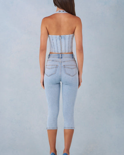Light Denim Mid-Rise Denim Capri Jeans