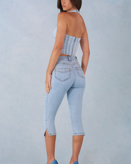 Light Denim Mid-Rise Denim Capri Jeans
