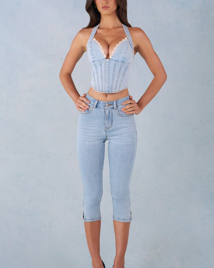 Light Denim Mid-Rise Denim Capri Jeans