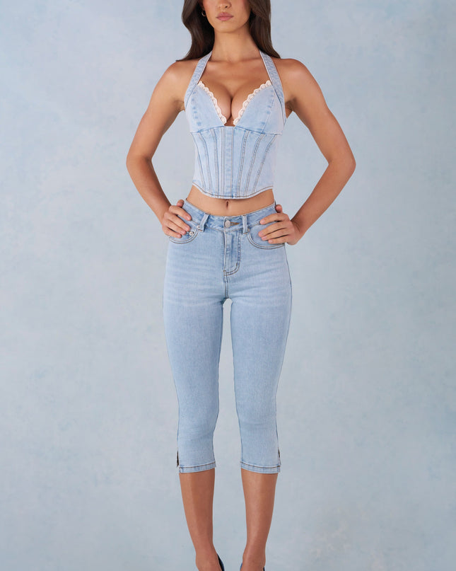 Light Denim Mid-Rise Denim Capri Jeans