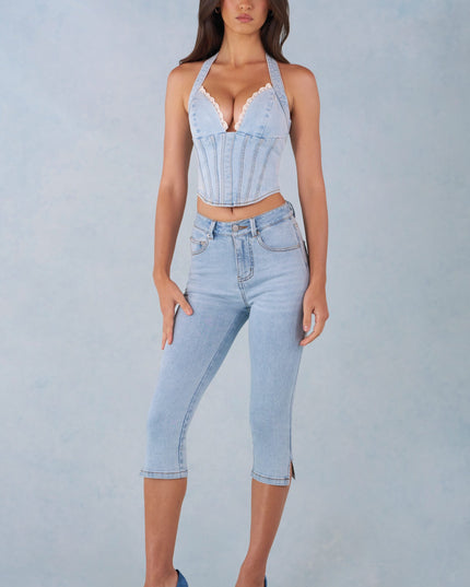 Light Denim Mid-Rise Denim Capri Jeans