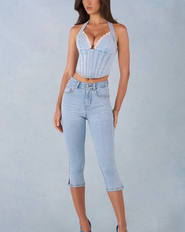 Light Denim Mid-Rise Denim Capri Jeans