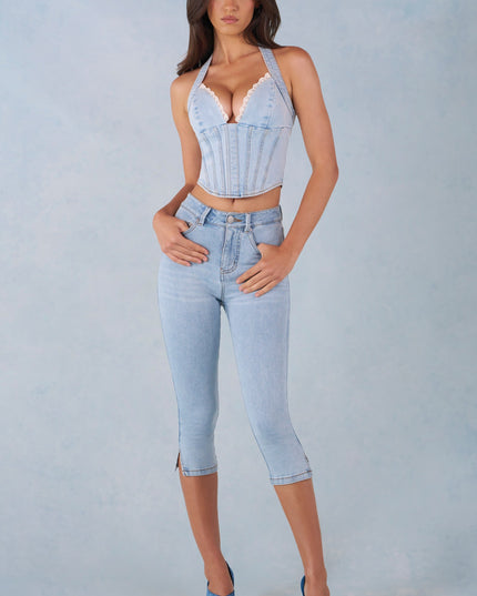 Light Denim Mid-Rise Denim Capri Jeans