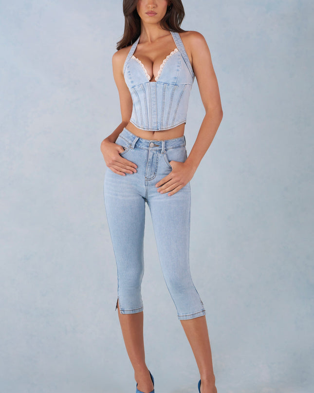 Light Denim Mid-Rise Denim Capri Jeans
