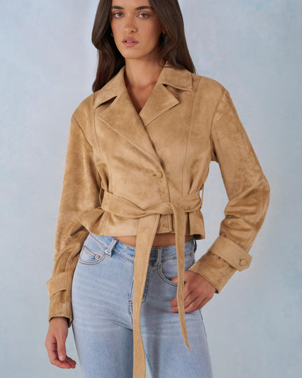 Tan Faux Suede Cropped Belted Jacket