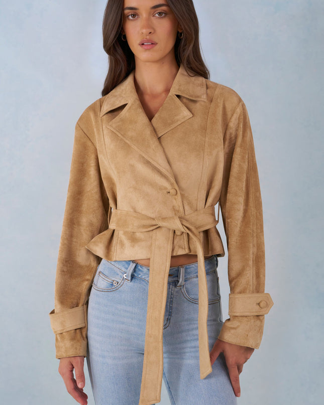 Tan Faux Suede Cropped Belted Jacket