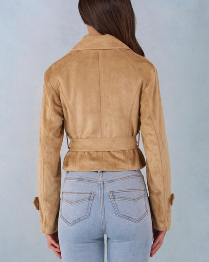 Tan Faux Suede Cropped Belted Jacket