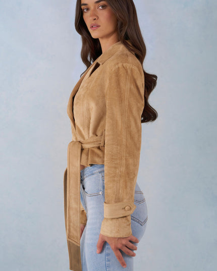 Tan Faux Suede Cropped Belted Jacket