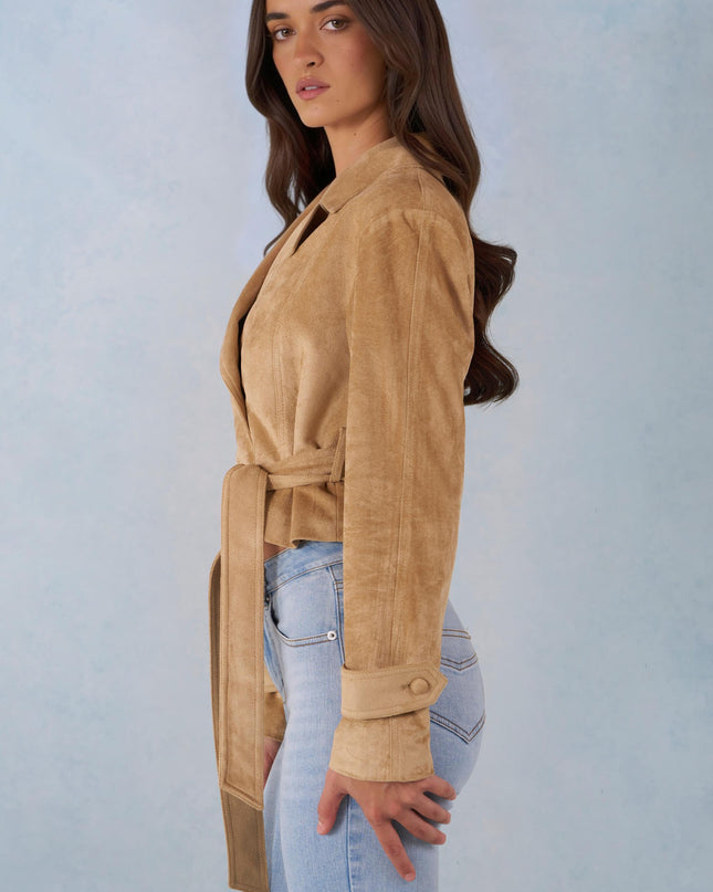 Tan Faux Suede Cropped Belted Jacket