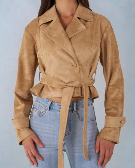 Tan Faux Suede Cropped Belted Jacket
