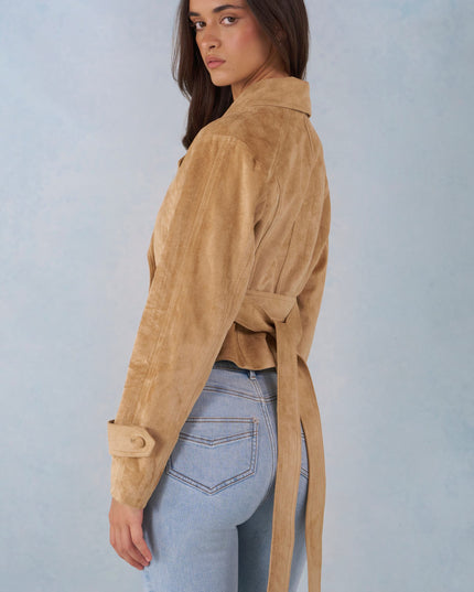 Tan Faux Suede Cropped Belted Jacket