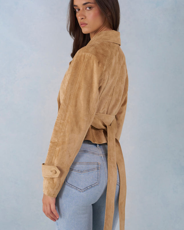Tan Faux Suede Cropped Belted Jacket