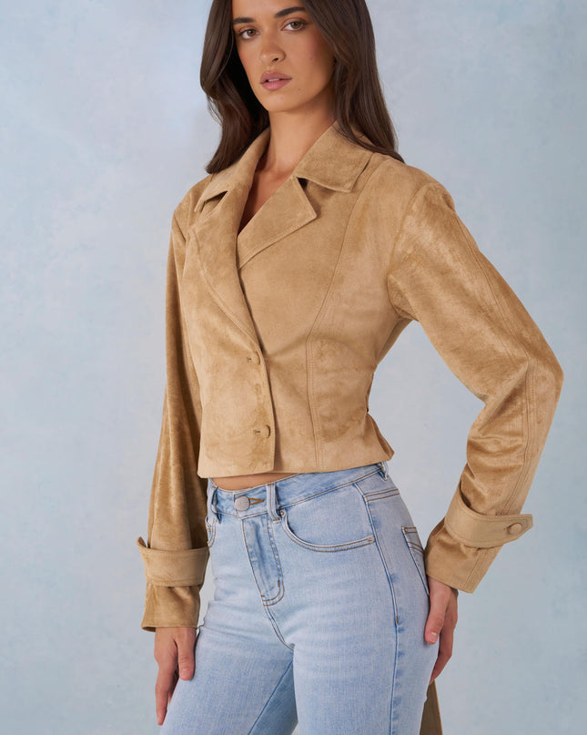Tan Faux Suede Cropped Belted Jacket