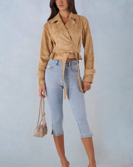 Tan Faux Suede Cropped Belted Jacket