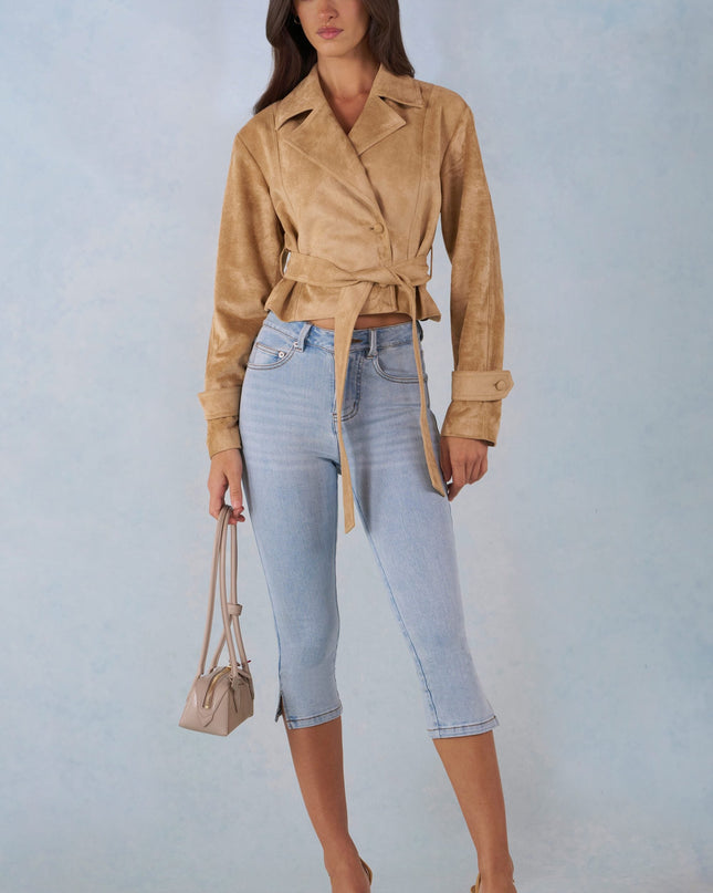Tan Faux Suede Cropped Belted Jacket
