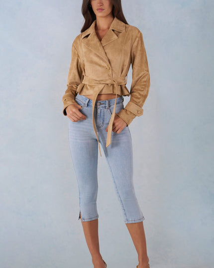 Tan Faux Suede Cropped Belted Jacket