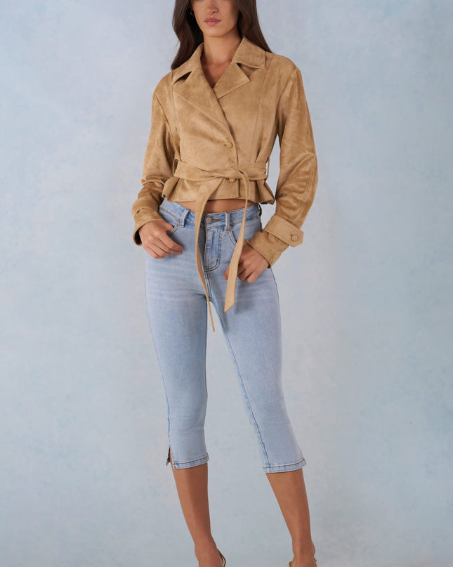 Tan Faux Suede Cropped Belted Jacket