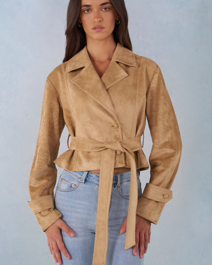 Tan Faux Suede Cropped Belted Jacket