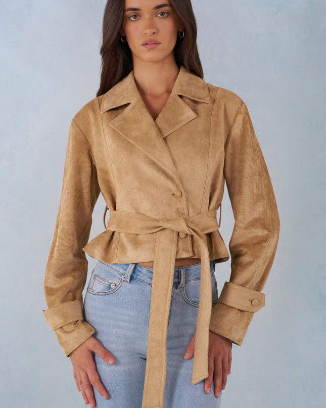 Tan Faux Suede Cropped Belted Jacket