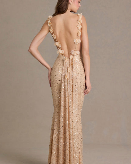 Gold Embellished Open-Back Maxi Dress