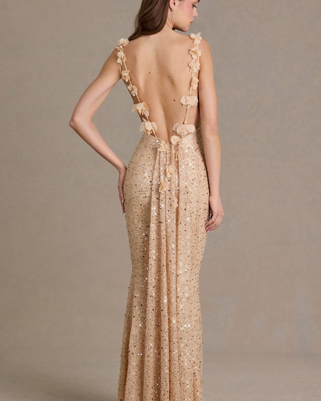 Gold Embellished Open-Back Maxi Dress