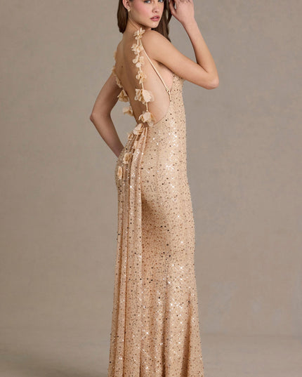 Gold Embellished Open-Back Maxi Dress