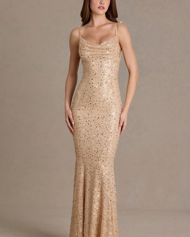 Gold Embellished Open-Back Maxi Dress