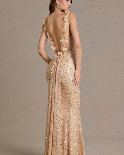 Gold Embellished Open-Back Maxi Dress