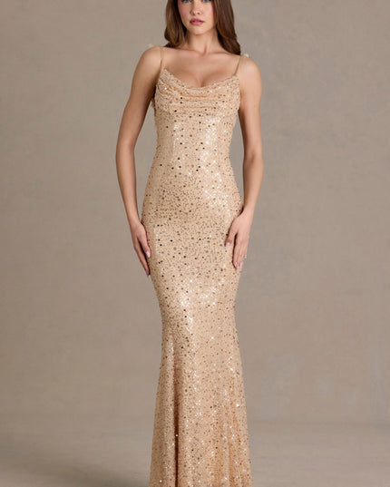 Gold Embellished Open-Back Maxi Dress