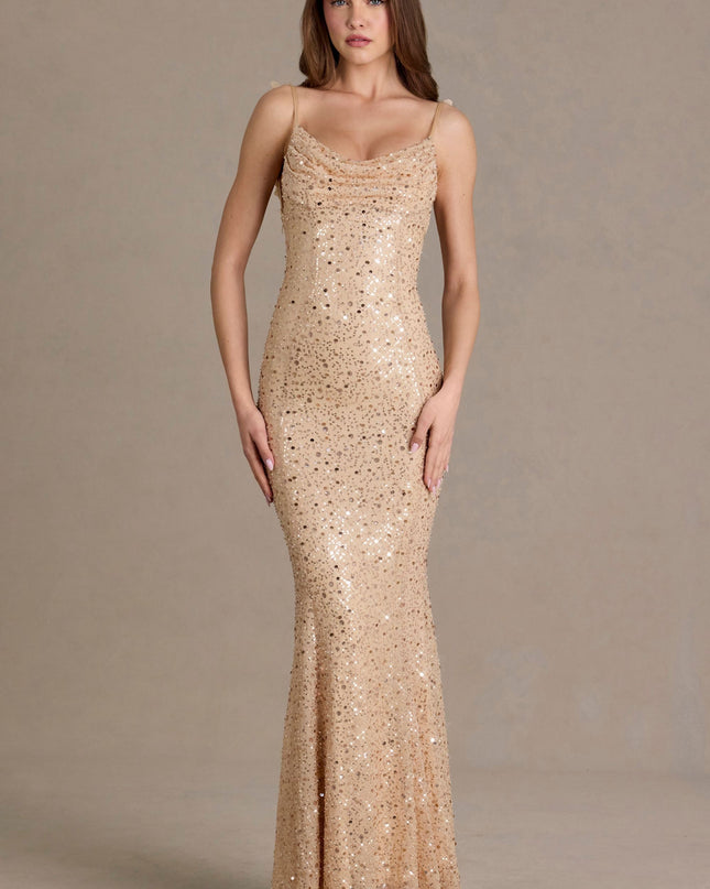 Gold Embellished Open-Back Maxi Dress