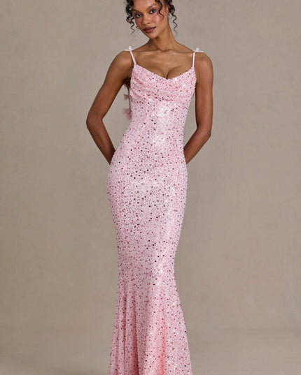 Baby Pink Embellished Open-Back Maxi Dress