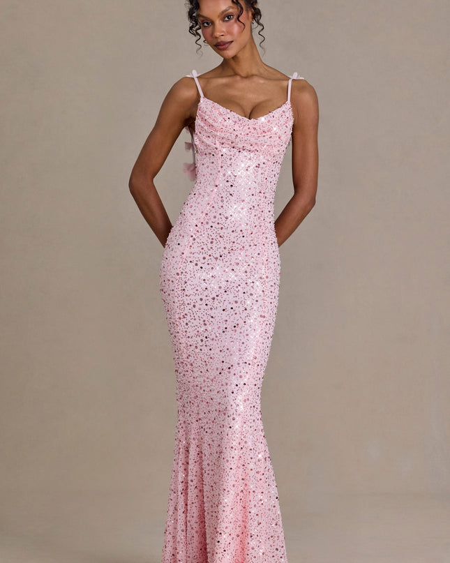 Baby Pink Embellished Open-Back Maxi Dress