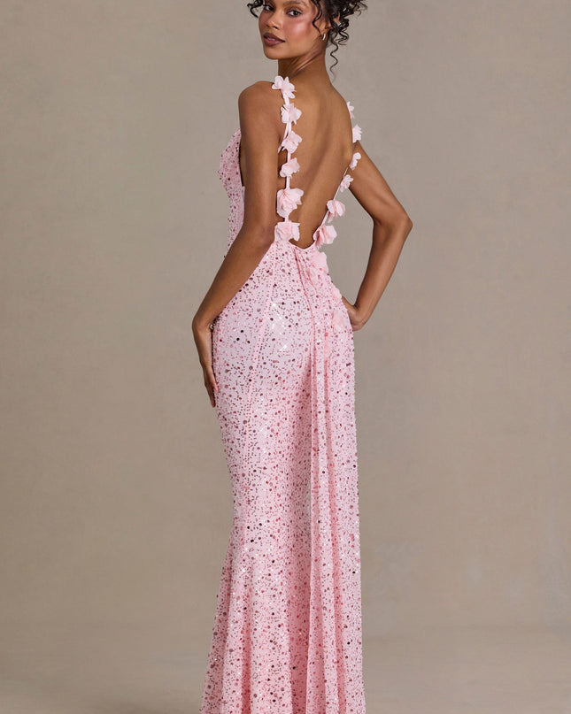 Baby Pink Embellished Open-Back Maxi Dress