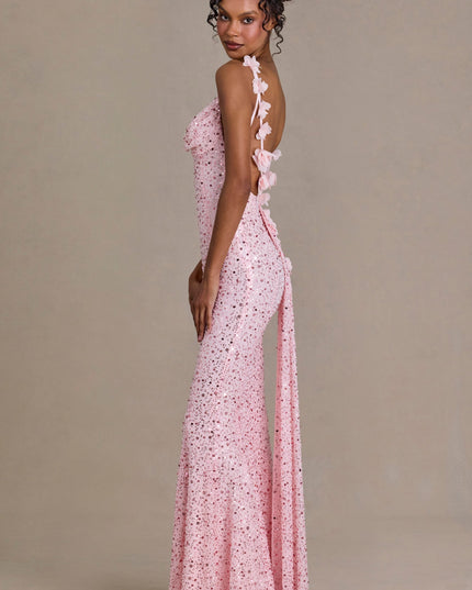 Baby Pink Embellished Open-Back Maxi Dress