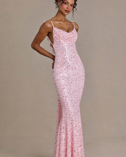 Baby Pink Embellished Open-Back Maxi Dress