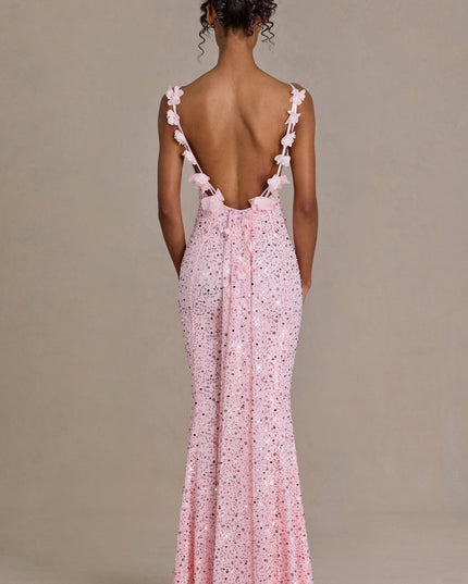 Baby Pink Embellished Open-Back Maxi Dress
