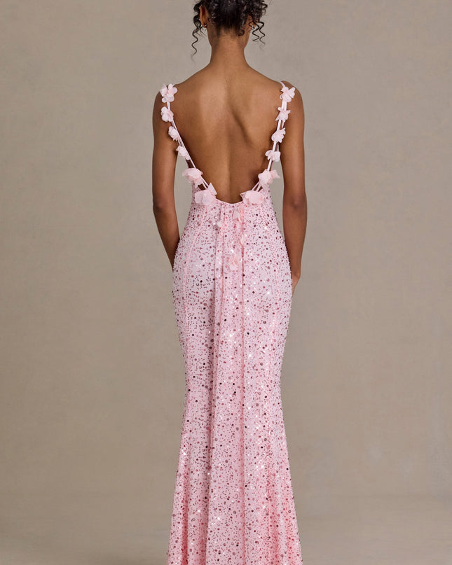 Baby Pink Embellished Open-Back Maxi Dress