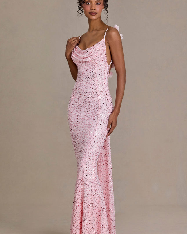 Baby Pink Embellished Open-Back Maxi Dress
