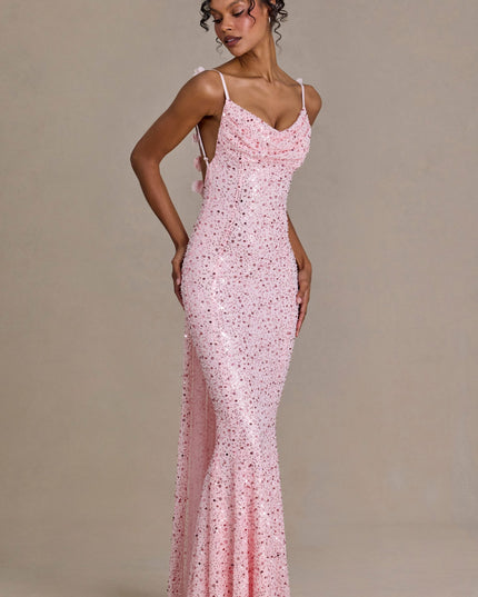 Baby Pink Embellished Open-Back Maxi Dress