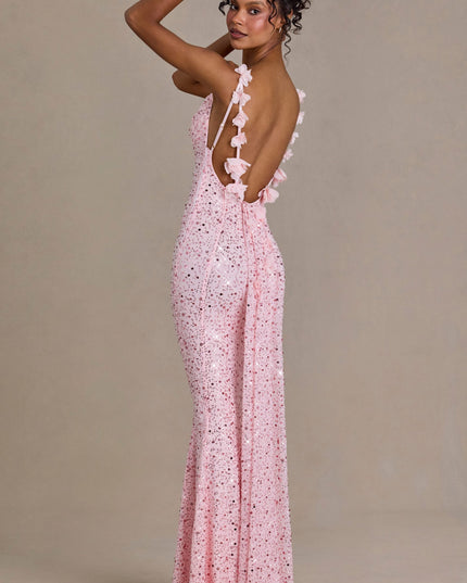 Baby Pink Embellished Open-Back Maxi Dress