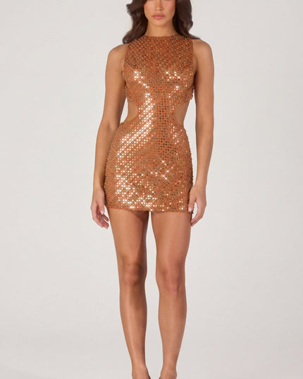 Bronze Embellished High-Neck Mini Dress
