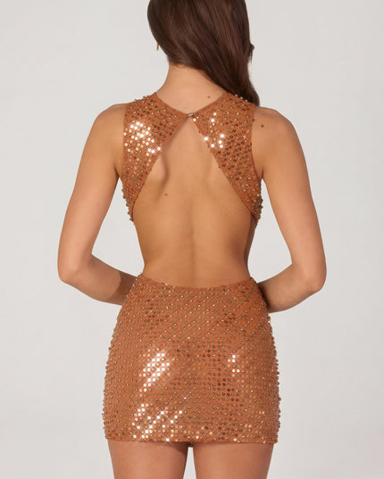 Bronze Embellished High-Neck Mini Dress