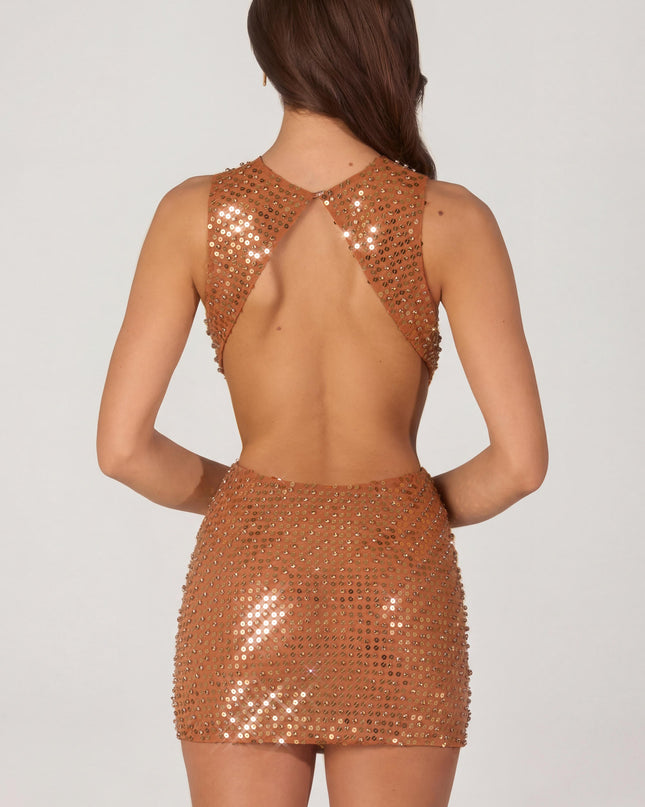 Bronze Embellished High-Neck Mini Dress