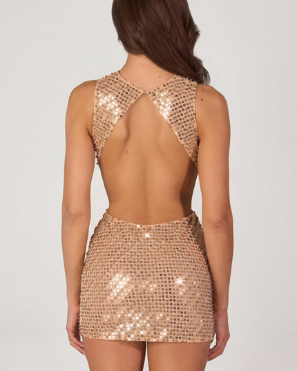 Gold Embellished High-Neck Mini Dress