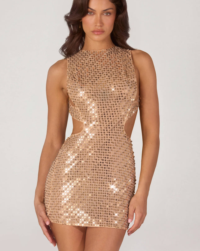 Gold Embellished High-Neck Mini Dress