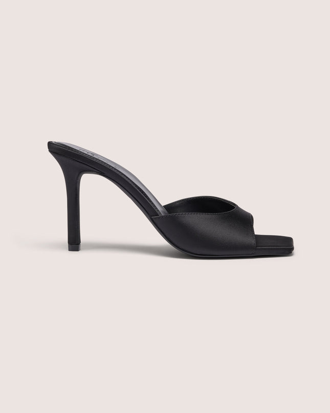 Black Satin Heeled Mule Sandal